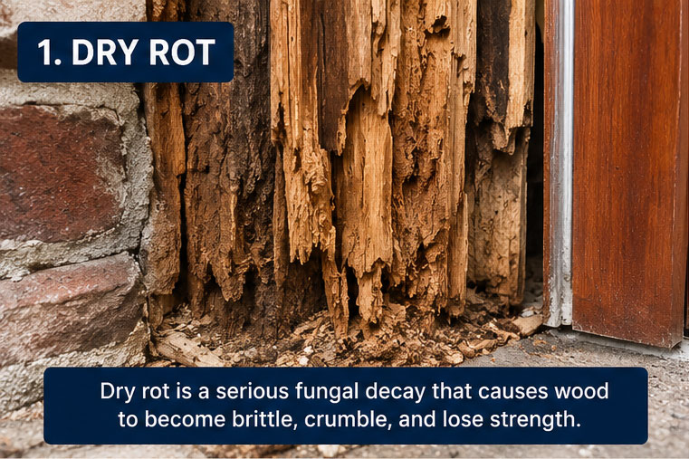 Timber showing visible dry rot damage during a property inspection